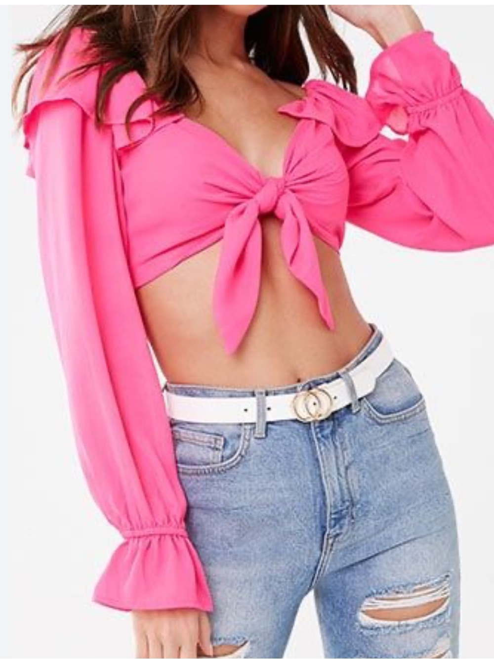 Forever 21 hot pink flounce tie front Ruffles long sleeve crop top S